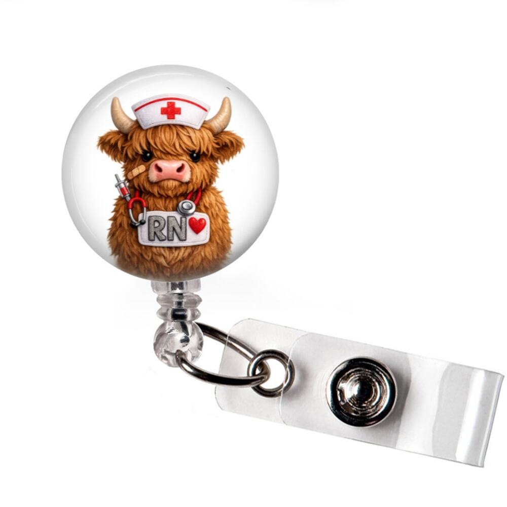 RN Highland Cow Badge Reel Cute Nurse Cow Medical ID Holder